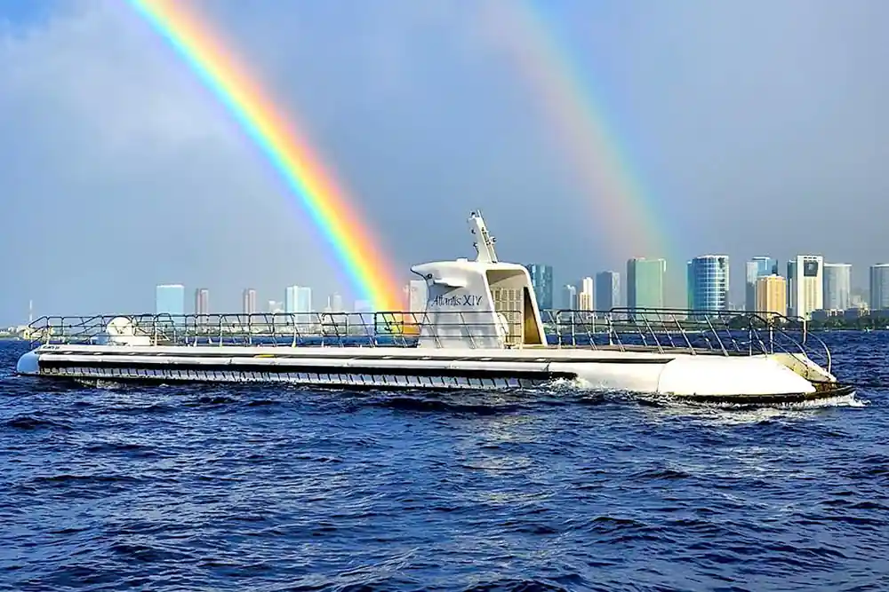 The submarine surfaced under a double rainbow off Waikiki