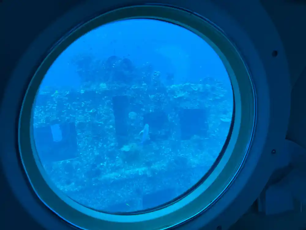 A wreck seen through the round glass of a viewport